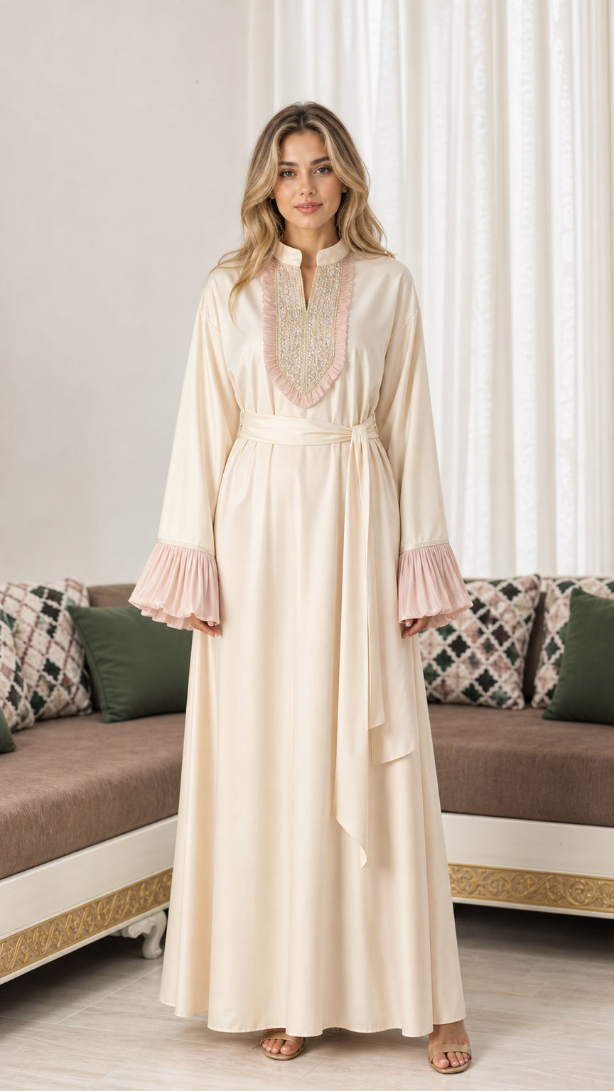 Front full-length view of woman wearing cream embroidered modest maxi abaya dress with pleated cuffs