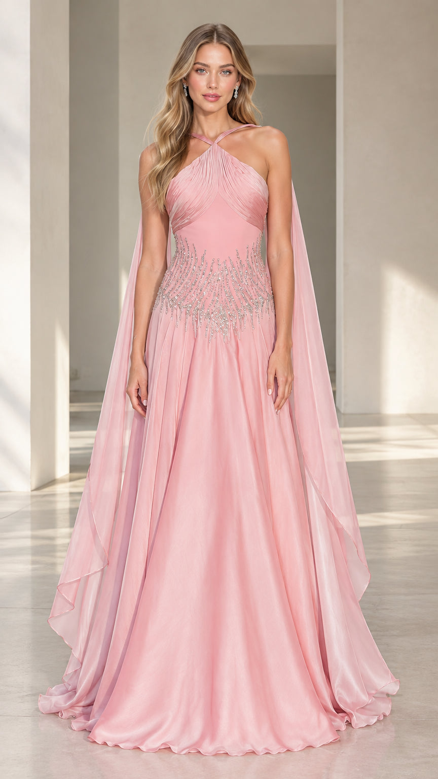 Front view of woman wearing pink halter neck pleated evening gown with cape drapes and beaded waist