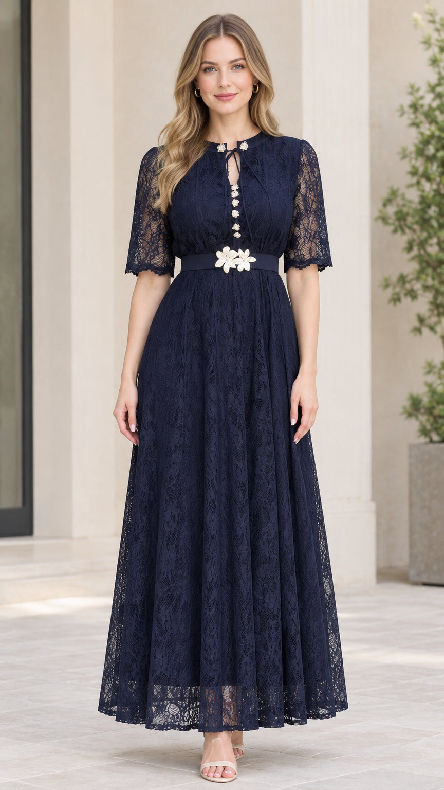 Navy Blue floral lace A-line maxi dress with half sleeves and flower belt front view
