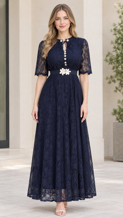 Navy Blue floral lace A-line maxi dress with half sleeves and flower belt front view