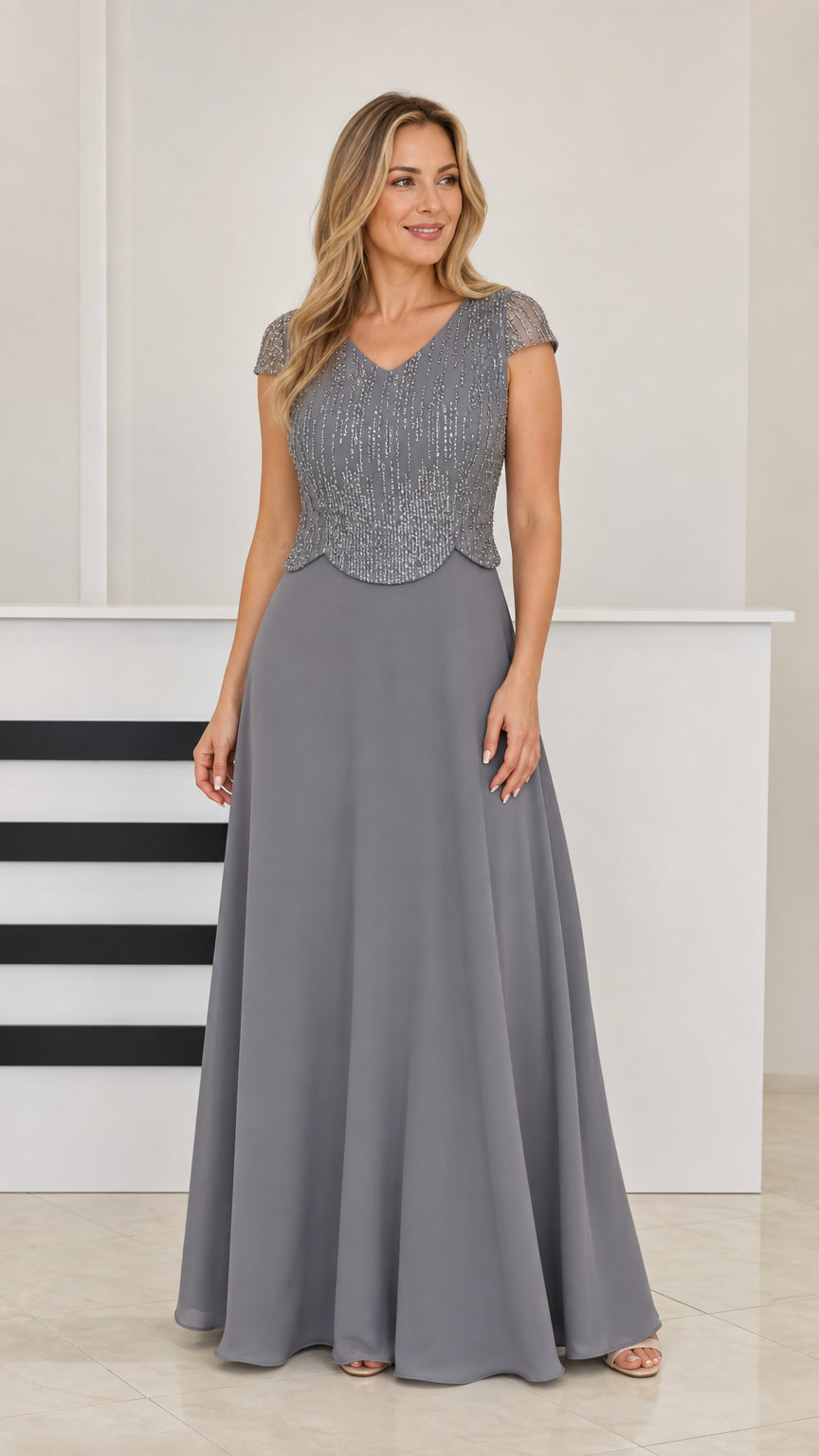 Front view of woman wearing Slate Gray beaded V-neck A-line evening gown