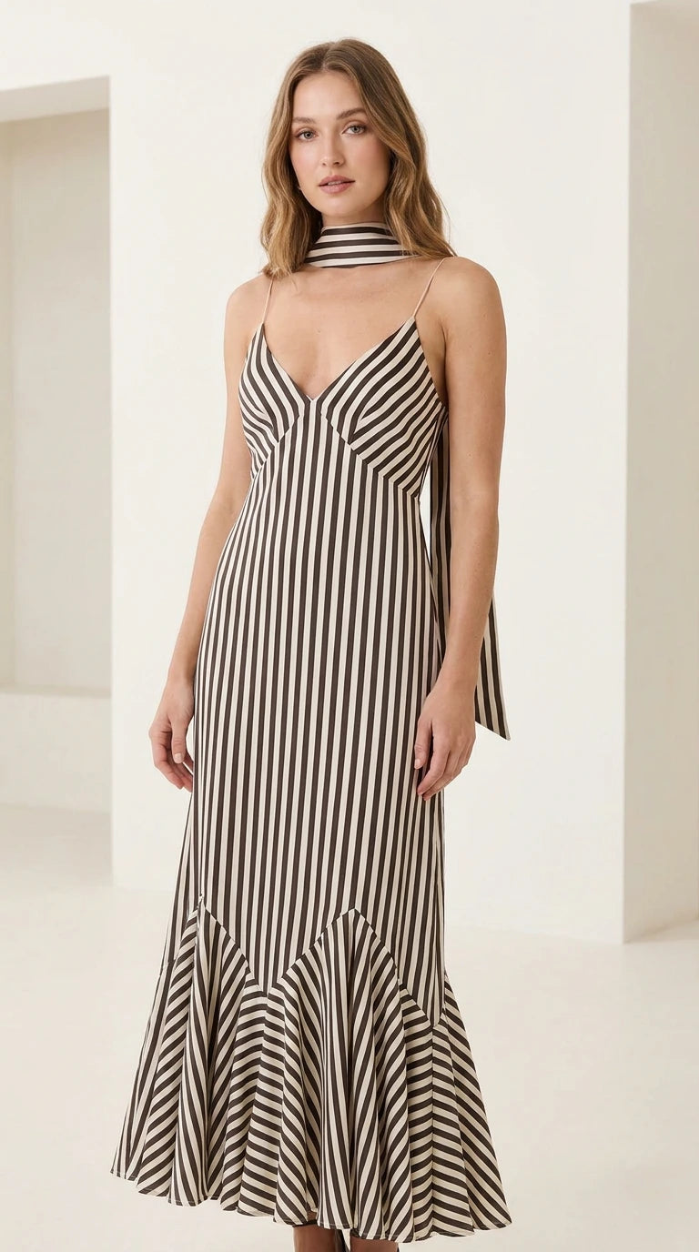 Front view of model wearing brown striped cami maxi dress with matching neck scarf