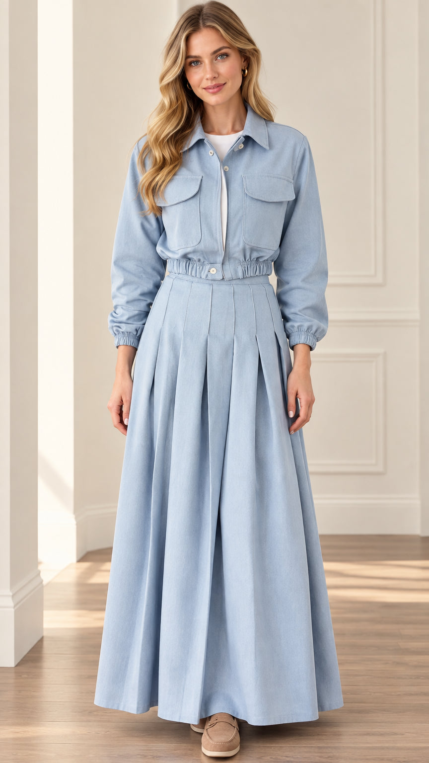Front full view of women's sky blue utility shirt and pleated maxi skirt set