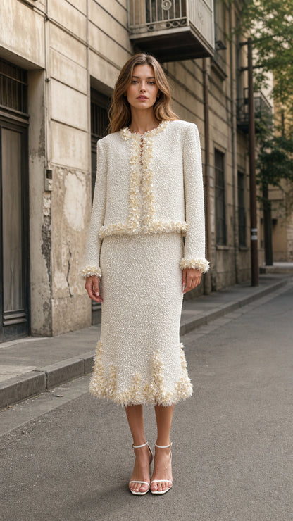 Front view of cream tweed crop jacket and midi skirt set