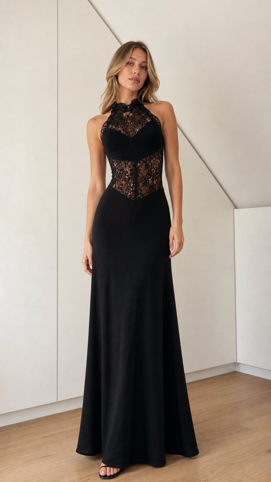 Front view of black halter neck lace corset formal maxi dress