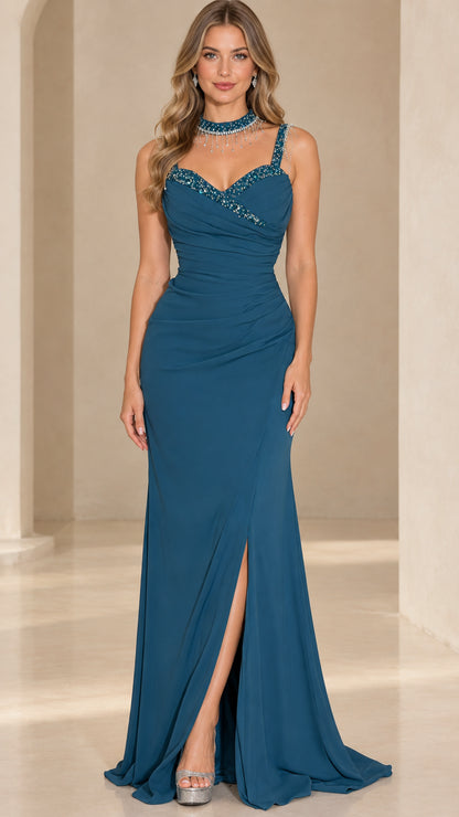 Front view of teal beaded sweetheart evening gown with side slit