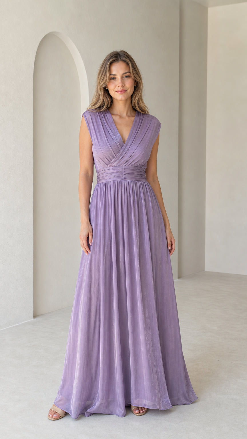 Front view of model wearing lavender pleated sleeveless V-neck maxi dress