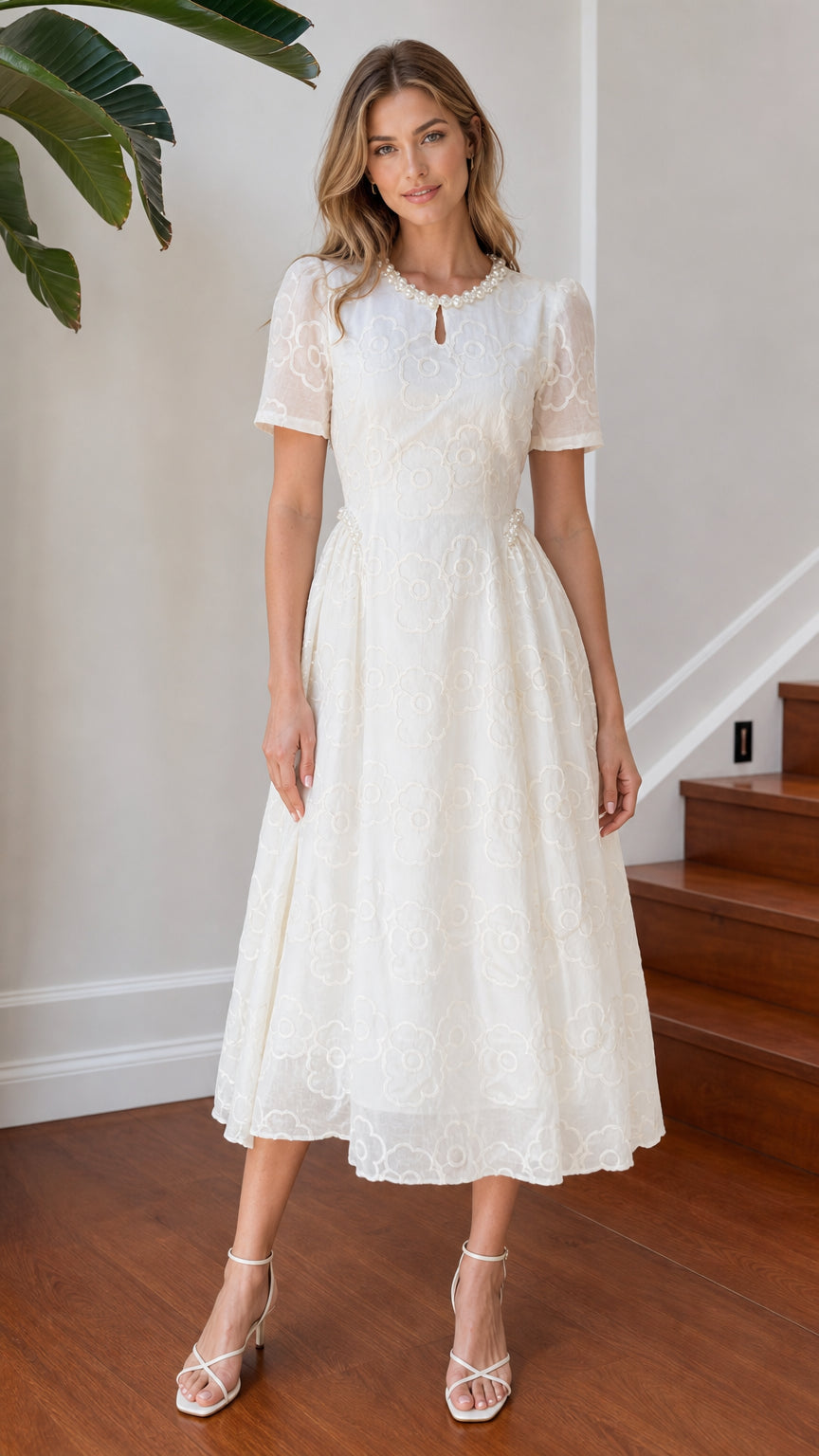 Front view of model wearing white floral embroidered midi dress with pearl neckline