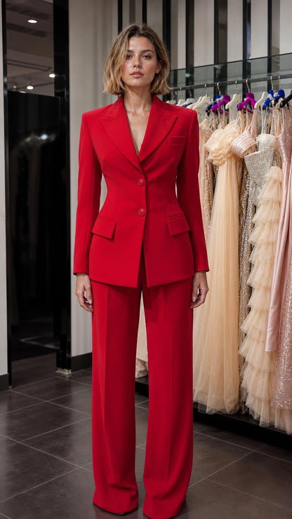 Front view of woman wearing red tailored blazer and matching wide-leg pants