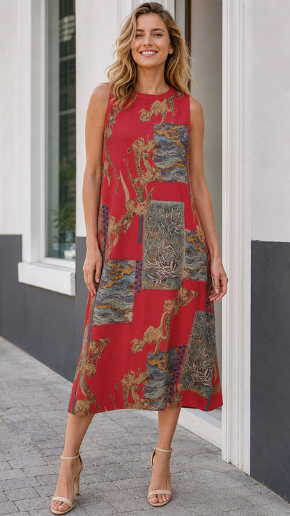 Front view of model wearing red sleeveless artistic print midi dress with nude heels