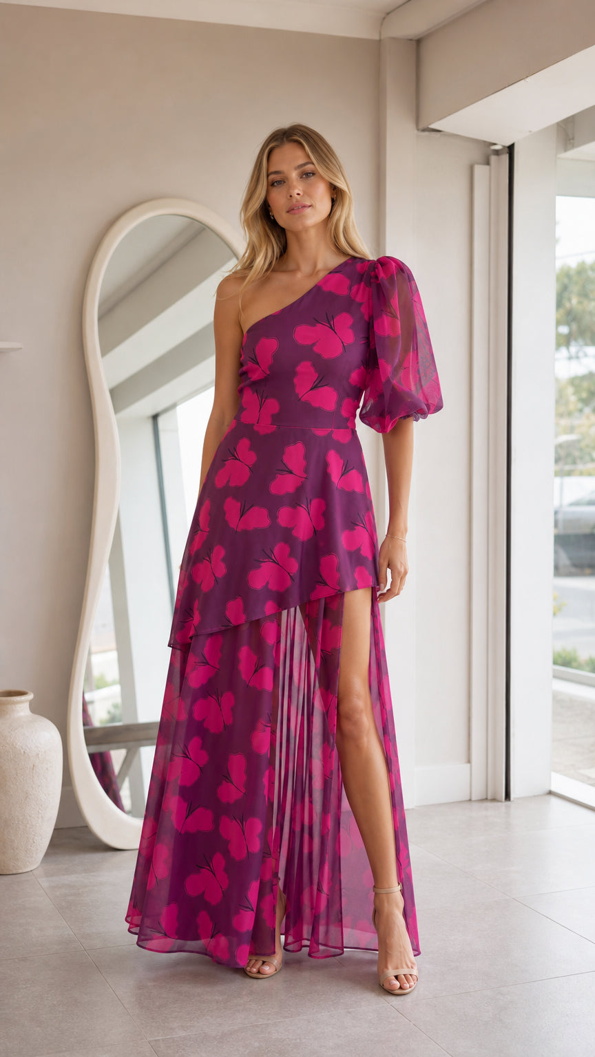 Front full-length view of model wearing magenta butterfly print one-shoulder maxi dress with puff sleeve and high slit