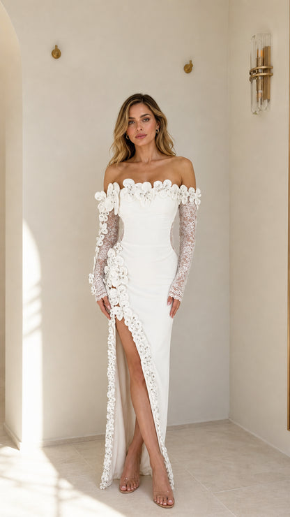 Front view of white off-shoulder 3D floral applique maxi dress