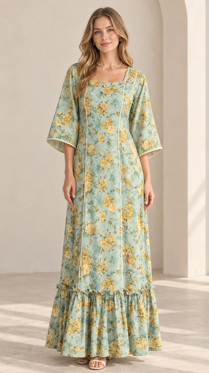Front view of Sage Green floral square neck maxi dress with flared sleeves