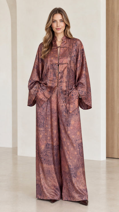 Front view of model wearing Dusty Mauve vintage jacquard tunic and wide-leg pant set