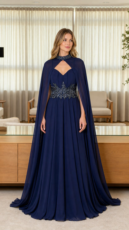 Front view of navy blue beaded evening dress with cape