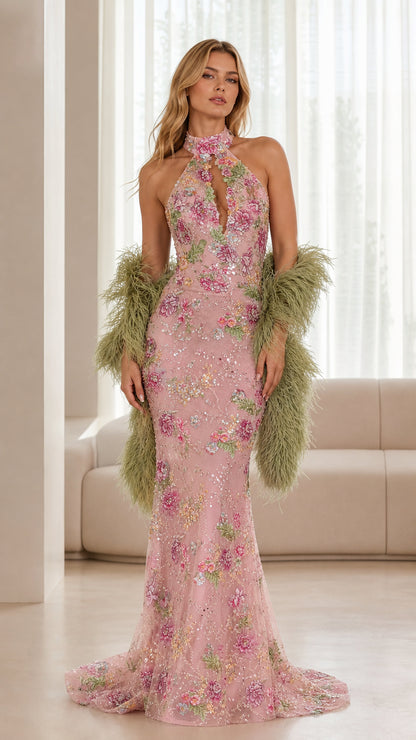 Blush pink floral embroidered halter neck mermaid evening gown front view