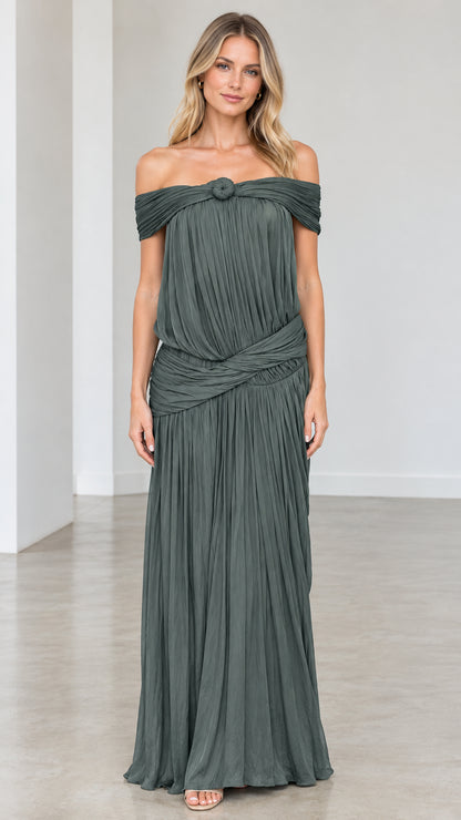 Front view of model wearing Sage Green off-shoulder pleated maxi dress