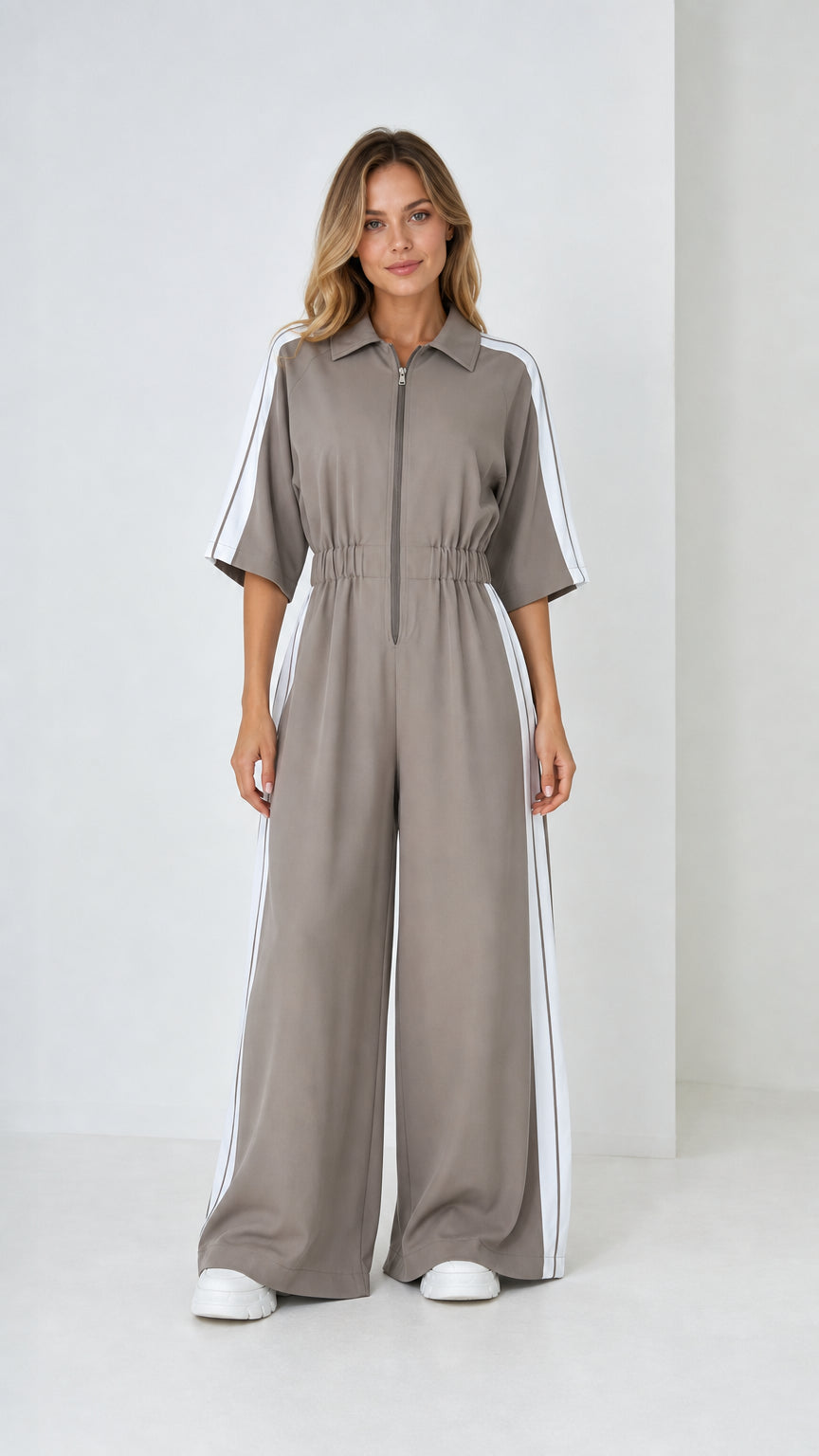 Taupe grey short sleeve wide leg jumpsuit with white side stripes front view