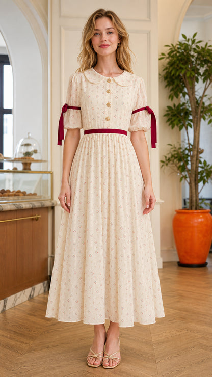 Model wearing Cream floral Peter Pan collar midi dress with burgundy ribbon details