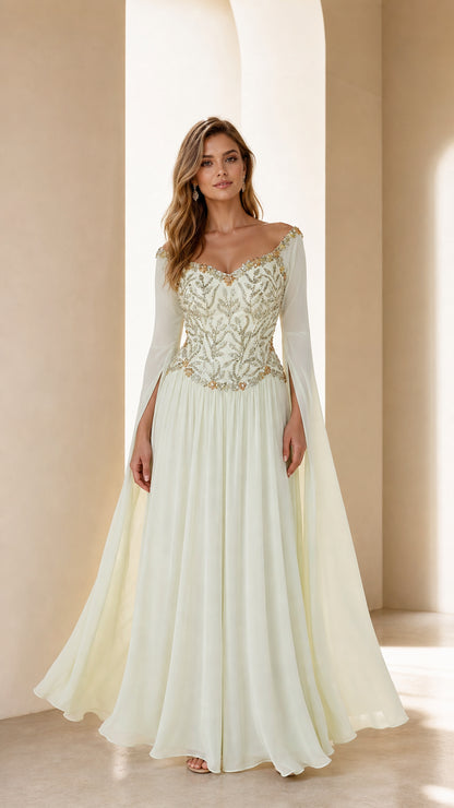 Front view of ivory embellished long sleeve evening gown