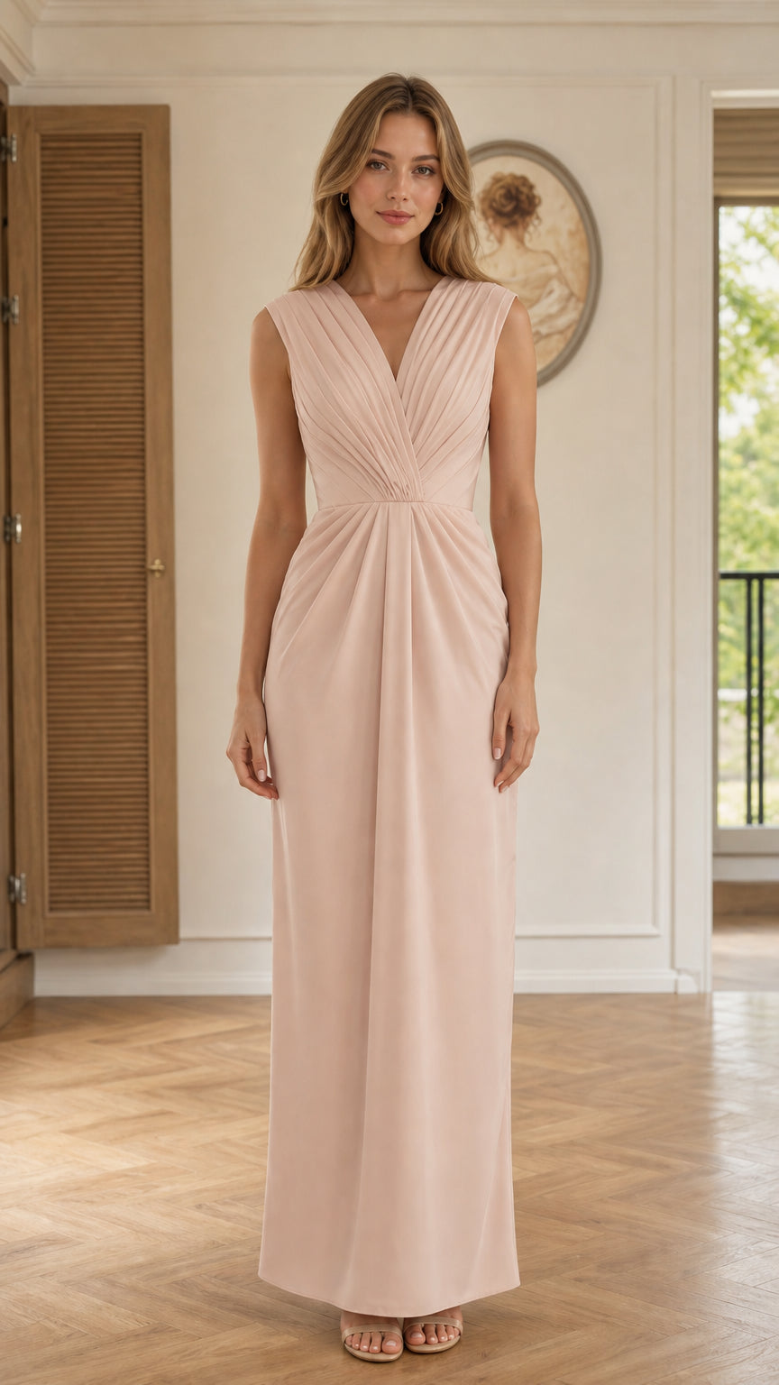 Front view of model wearing Blush Pink sleeveless pleated V-neck maxi dress