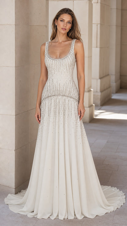 Front view of white beaded evening gown