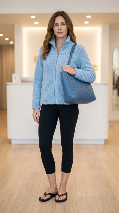 Front view of woman wearing Light Blue plush fleece zip-up jacket