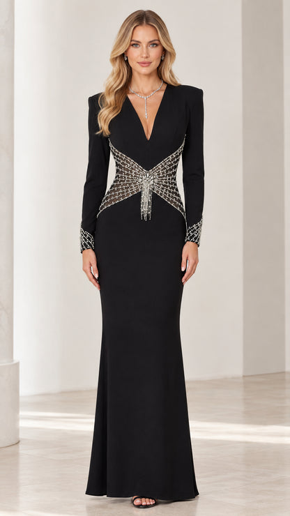 Front view of black long sleeve evening gown with deep V-neck and rhinestone embellished waist