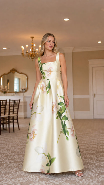 Ivory floral satin-look maxi dress shown from the front