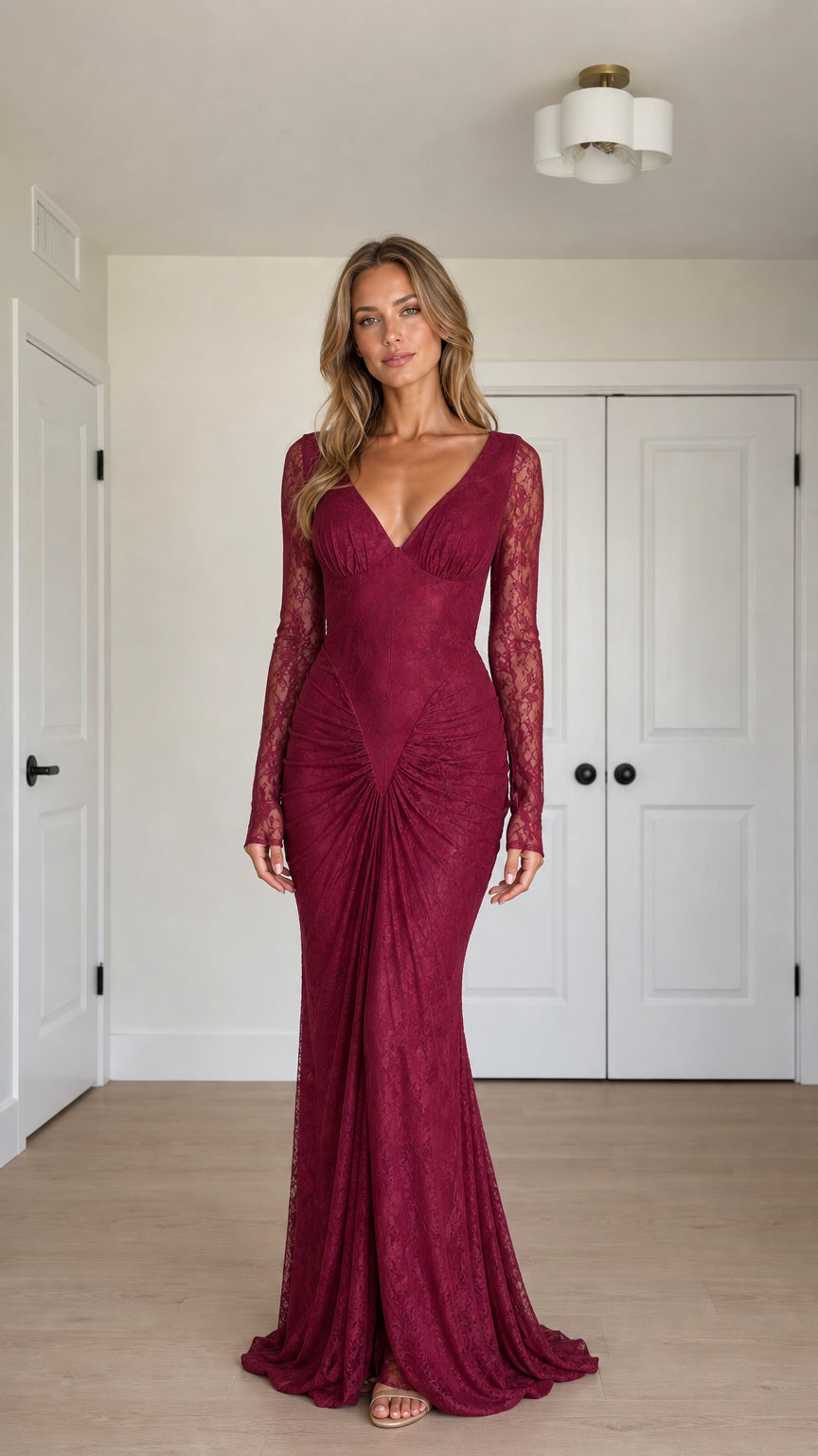 Front view of burgundy long sleeve lace maxi evening gown with ruched detail