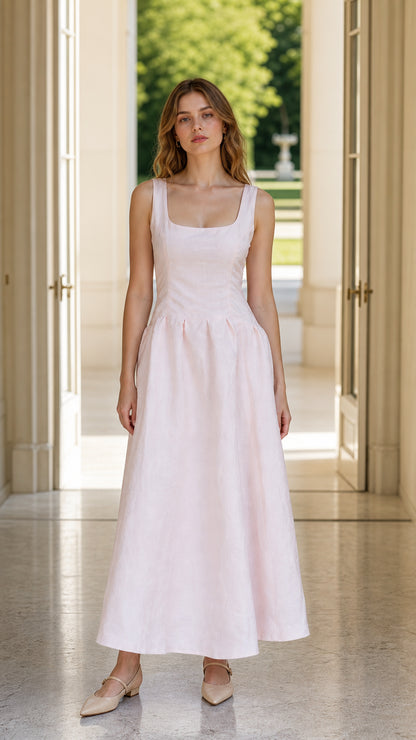 Front view of model wearing pink square neck midi dress