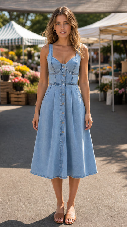 Front view of light blue denim midi dress on model