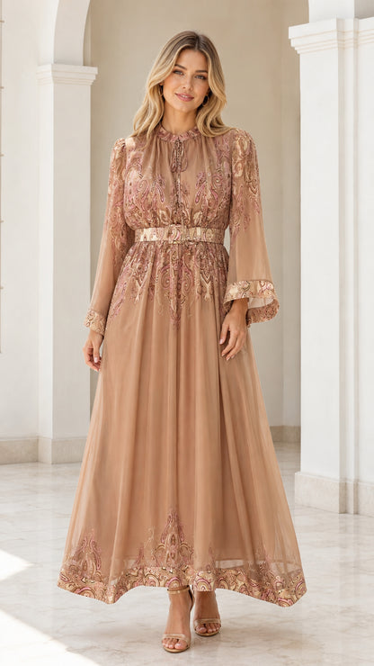 Front view of camel paisley maxi dress