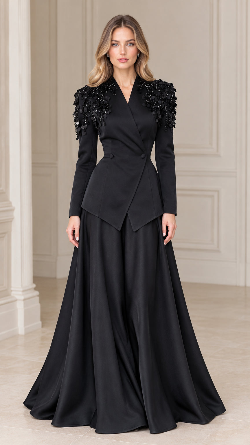 Front view of model wearing black embellished shoulder peplum blazer and maxi skirt two-piece evening set