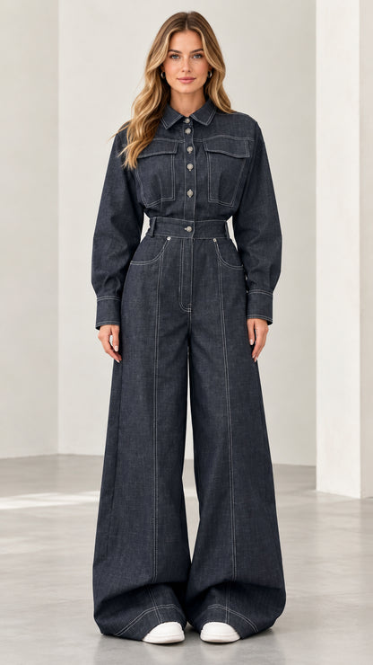 Full front view of model wearing dark blue long sleeve wide leg denim jumpsuit with contrast stitching and belt