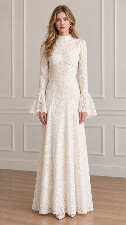 Front view of model wearing ivory high-neck floral lace maxi dress with long bell sleeves