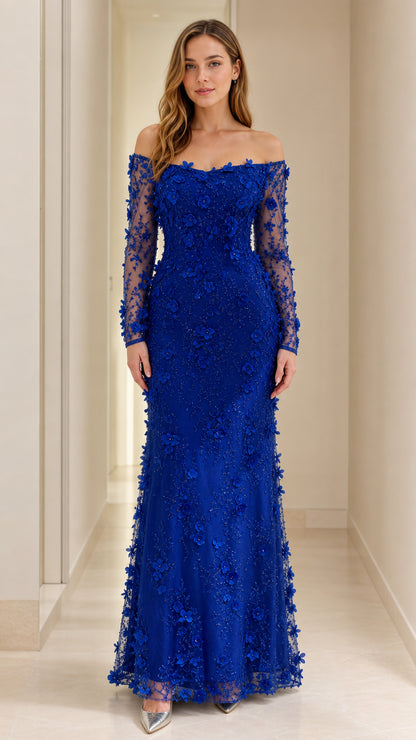 Front view of royal blue off-the-shoulder 3D floral long sleeve evening gown