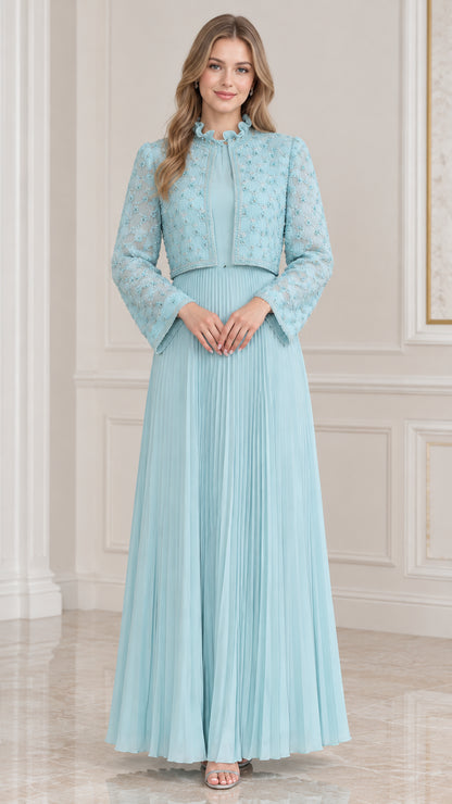Full front view of elegant sky blue two-piece pleated maxi dress with matching beaded lace bolero jacket