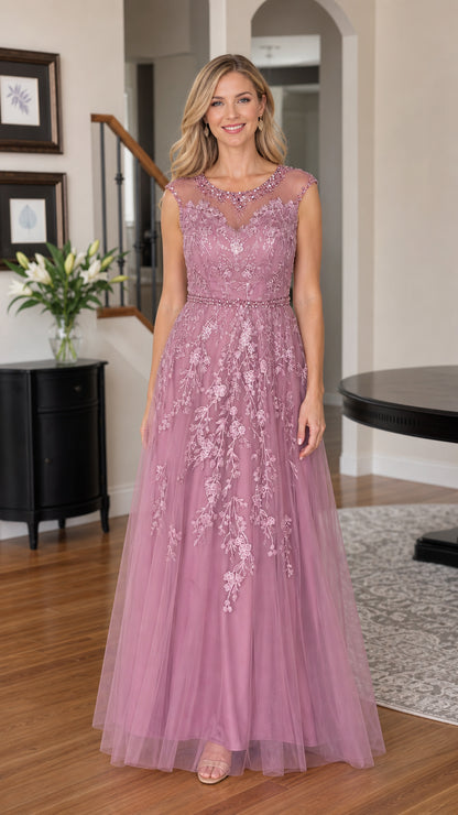 Woman wearing mauve embroidered tulle evening gown front view