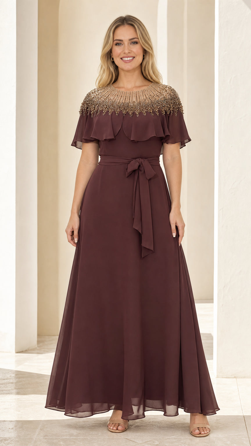 Front view of burgundy beaded overlay chiffon evening maxi dress