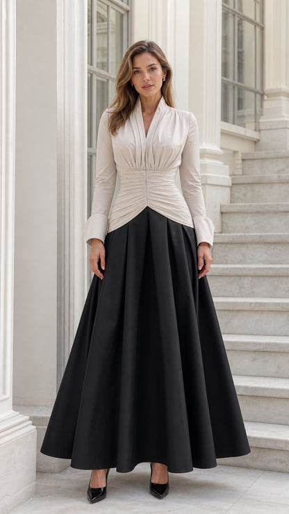 Front view of beige and black two-tone ruched maxi dress
