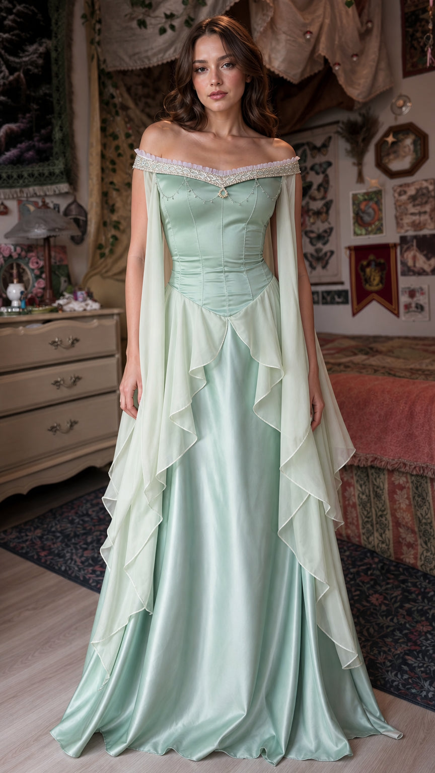 Front view of sage green Renaissance off-shoulder maxi dress