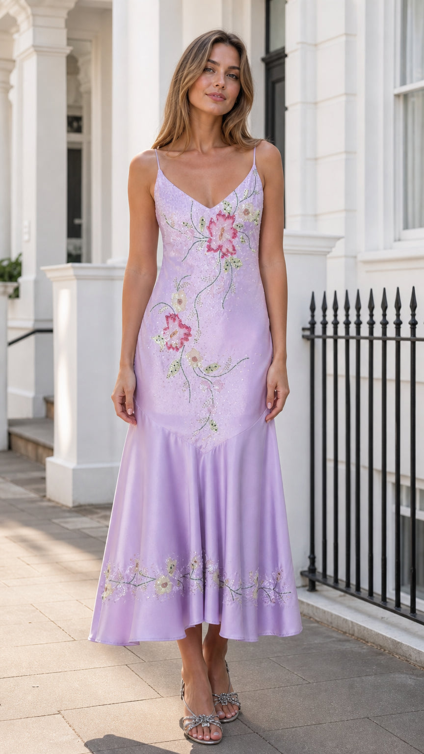 Front view of woman wearing lilac floral embroidered satin slip midi dress