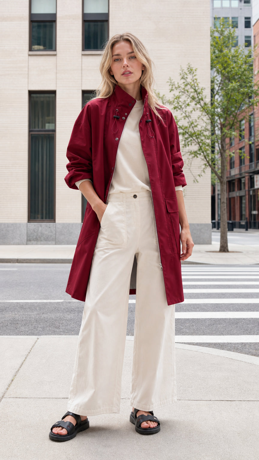 Front view of woman wearing burgundy mid-length utility parka coat with white pants