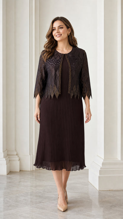 Front full view of dark brown pleated dress and matching jacket set