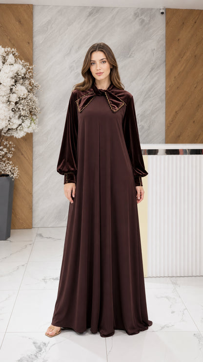 Chocolate brown velvet maxi dress with beaded bow collar front view