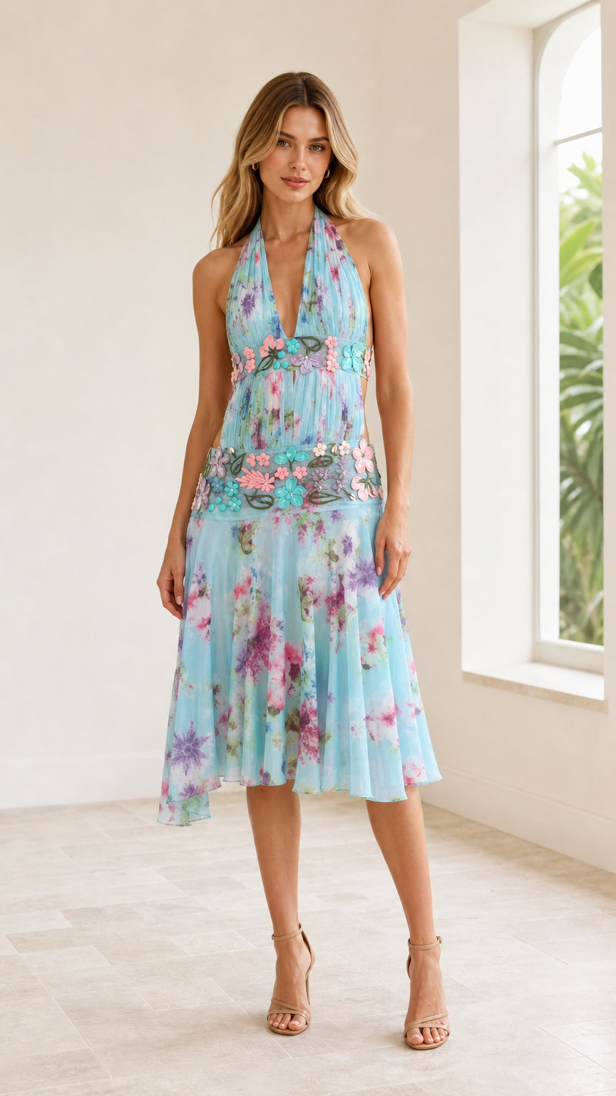 Front view of model wearing Sky Blue floral halter midi dress with 3D floral appliques