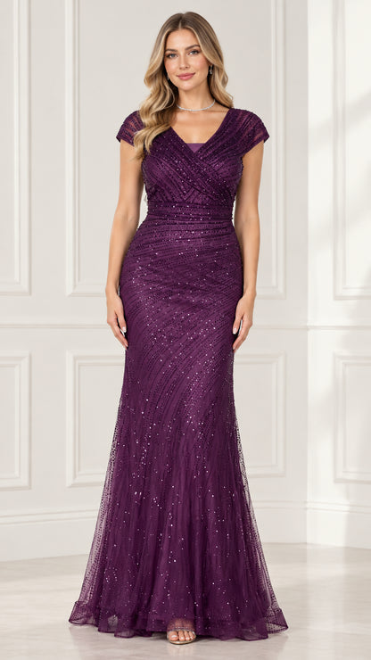 Front view of woman wearing plum glitter sequin mermaid evening gown with cap sleeves