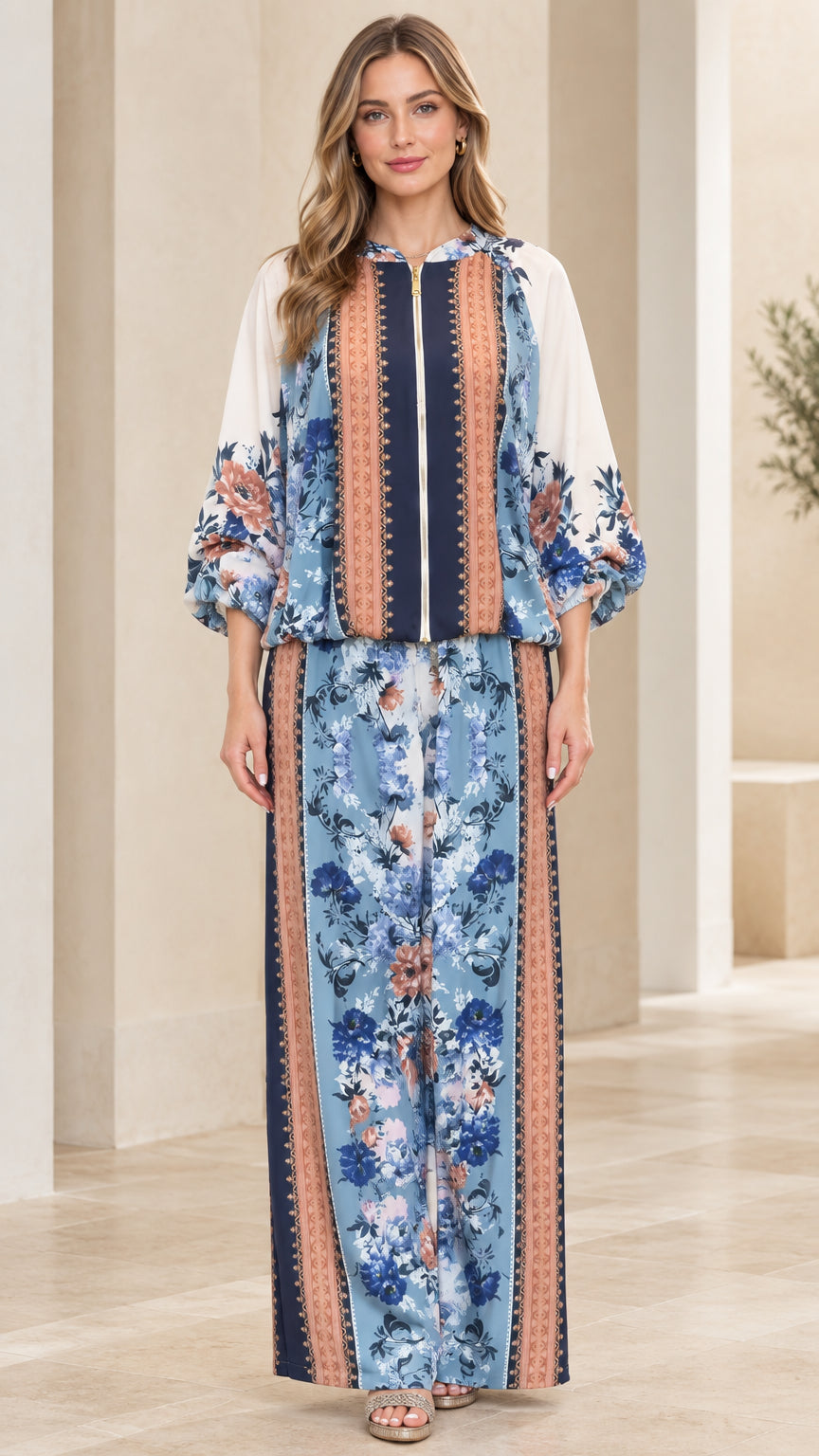 Front view of model wearing Light Blue floral print zip blouse and wide-leg pants set