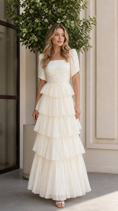 Ivory floral embroidered square neck tiered tulle maxi dress front view